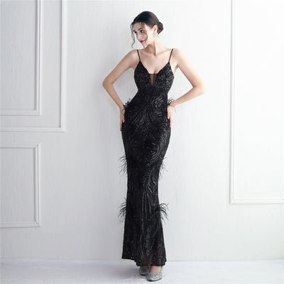 Luxury ostrich feather plunging-V Neck Mermaid evening gown