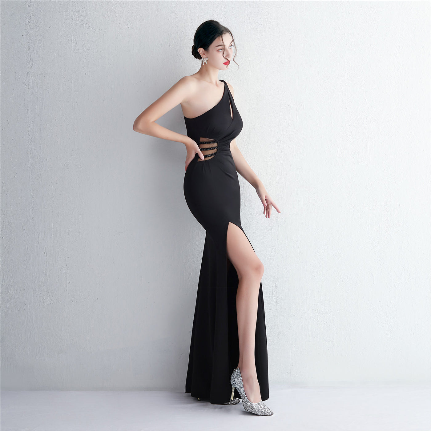 Sexy One-shoulder Waist Cutout Thigh-slit Mermaid Evening Dress