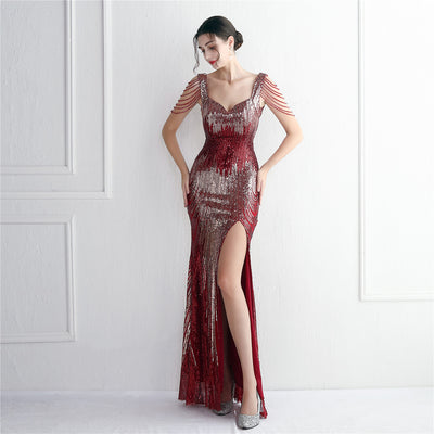 Sweetheart Beaded sleeves thigh-slit sequin mermaid evening gown