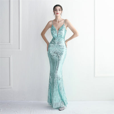 Spaghetti Straps Plunging-V Sequin Mermaid Evening Dress