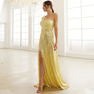  Radiant Sequin One-Shoulder Prom Gown with Thigh Slit
